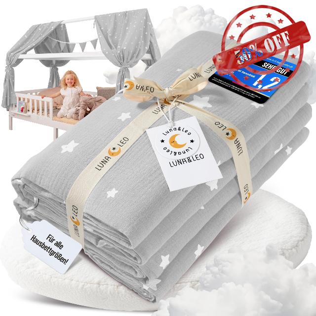 Luna & Leo House Bed Canopy - with Star Print *Test Winner 2025* [Organic Muslin Cotton] Handmade | Canopy Bed Curtains Bed Canopy Decoration (Light Grey