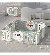 Blue and white modular baby playpen system shown in different configurations, featuring curved panels, safety gates, and play area arrangements.