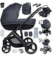 Navy blue baby stroller system with matching accessories. Product collage showing multiple configurations including bassinet and car seat attachments.