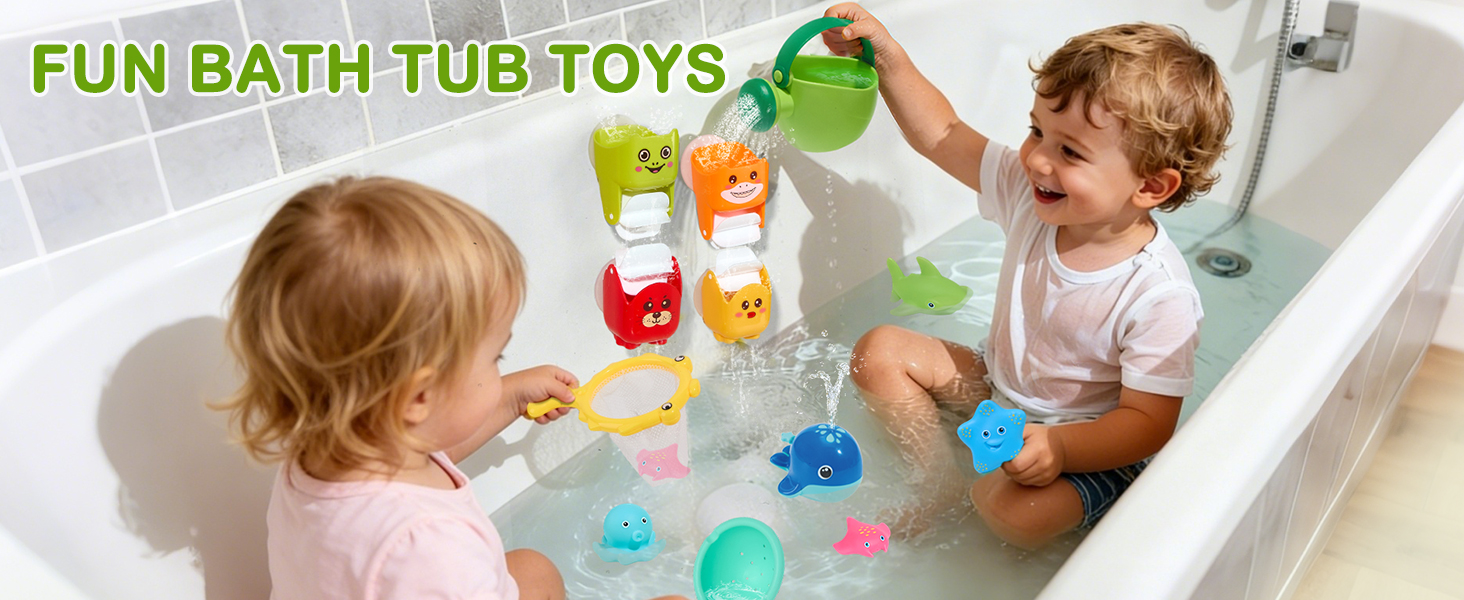 Text reads 'FUN BATH TUB TOYS.' Two toddlers in white bathtub playing with colorful foam bath toys including yellow, orange, blue, and pink shapes during bath time.
