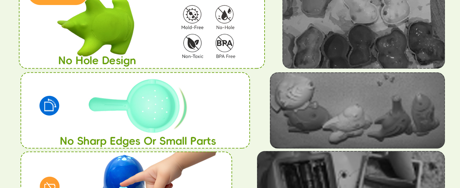 Colorful children's bath toy collection featuring whale-shaped toys, starfish, whale tail fountain toy with sun design, and dolphins in blue, pink, and green colors. Section labeled 'OURS' and 'OTHERS'.