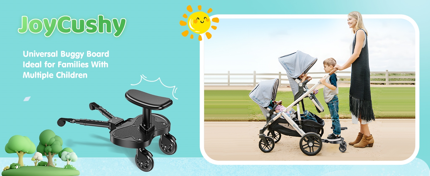 Text reads 'JoyCushy'. Product advertising banner showing stroller or baby transport product in multiple use scenarios with outdoor backgrounds.