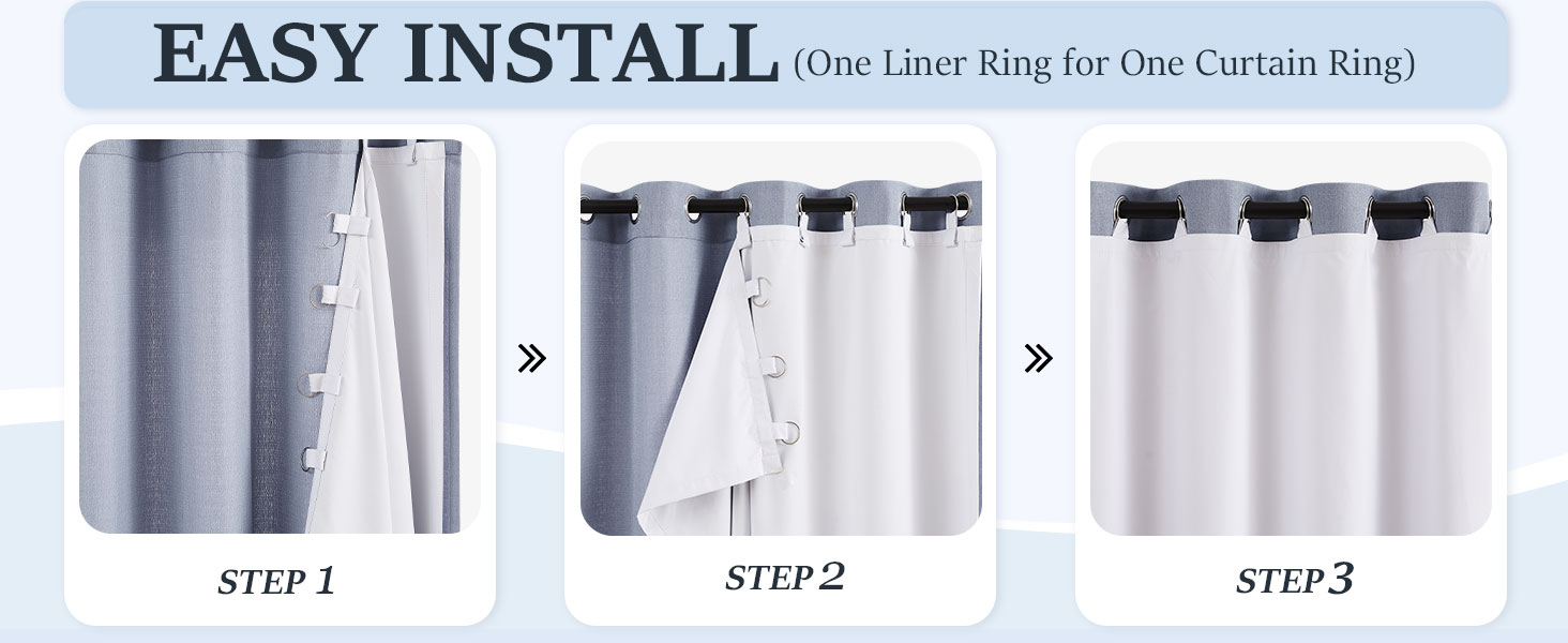 Text reads 'EASY INSTALL' with subtitle 'Use Laser Ring for Use Curtain Ring' showing three installation steps (STEP 1, STEP 2, STEP 3) for purple and white curtain rods.