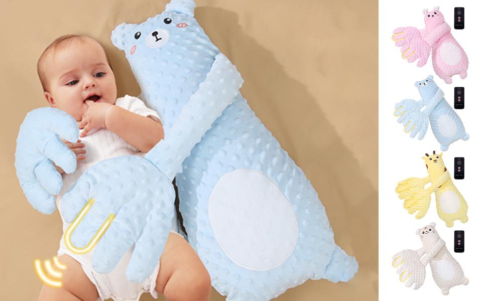 Infant wearing light blue quilted outfit with white trim. Right side shows color swatches in pink, blue, white, and yellow with black size indicators.