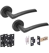 Chrome door handle set with lever handles, circular rosettes, and various mounting components including latches and screws.