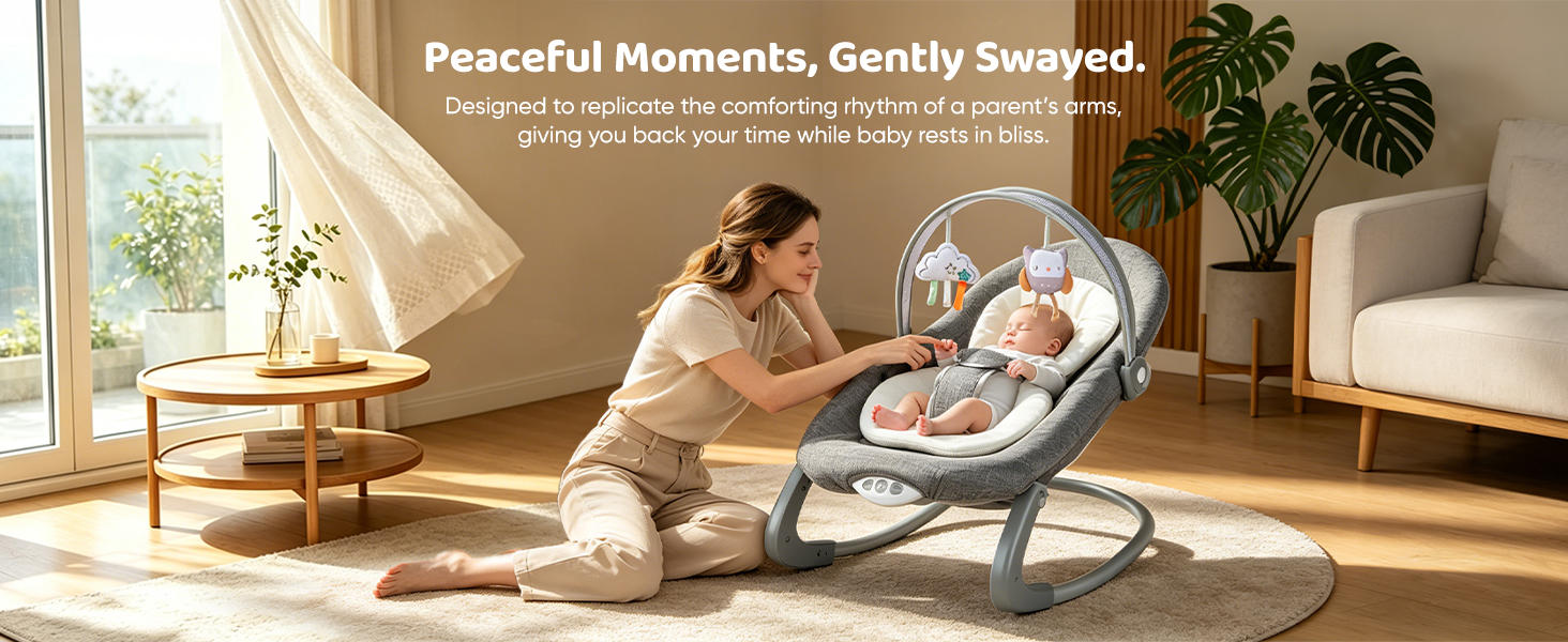 Text reads 'Peaceful Moments, Gently Swayed.' Bright bedroom setting featuring woman with baby in gray and white bouncer seat near window with natural light and bedroom furniture.