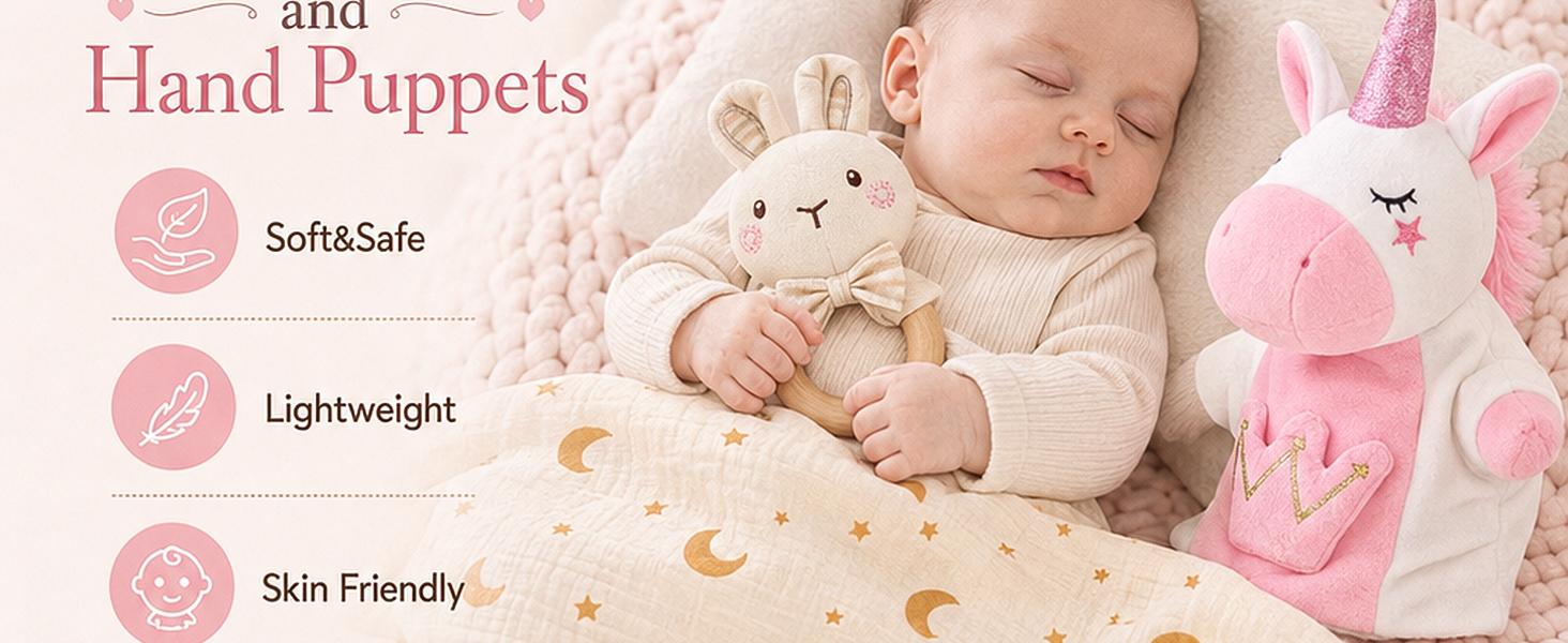 Text reads "Soft Swaddle". Four product variants displayed in grid: Looming Heart pattern, Blush, Baby Oils, and Handles; showing pink fabric swaddle wraps with different textures and designs.