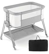 Adjustable bedside bassinet in pink and white, shown from multiple angles. Features mesh sides and height-adjustable frame with wheels.