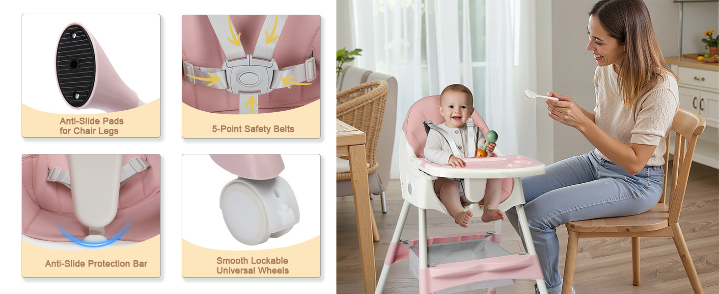 Text reads "Fits Most Chair Legs", "5-Point Safety Belts", "Soft Silky Protective Bar", "Smooth Lockable Universal Wheels". Composite showing pink and gray baby high chair accessories including seat cushion, safety straps, protective bar, and wheeled base with woman feeding infant in high chair.