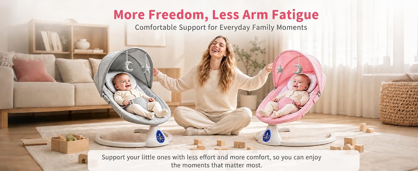 Text reads 'More Freedom, Less Arm Fatigue' with tagline 'Ergonomic Design Makes Household Chores Easier'. Image shows diverse people holding pink and gray ergonomic cleaning tools in home setting.