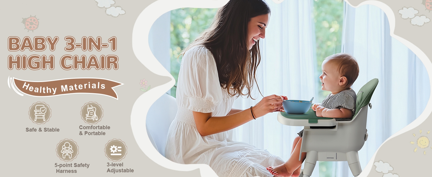 Text reads 'BABY 3-IN-1 HIGH CHAIR' with 'Comfy Materials' label. Woman feeding infant in beige high chair with tray. Product features multiple use modes displayed.