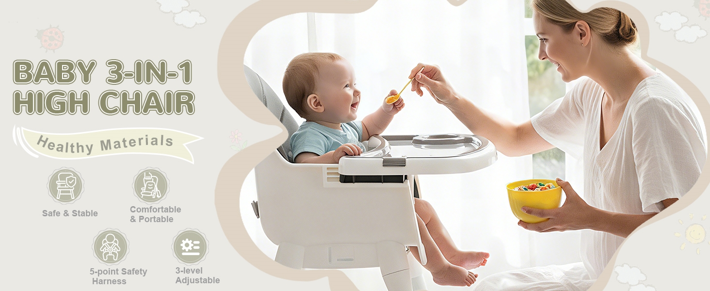 Text reads "BABY 3-IN-1 HIGH CHAIR". Product features highlighted with infant seated at multi-functional high chair, showing benefits icons and practical usage for feeding and dining.