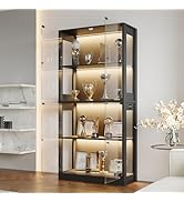 DEZAGCE Black Corner Glass Display Cabinet with LED Lights & 4 Mirror Back Panels