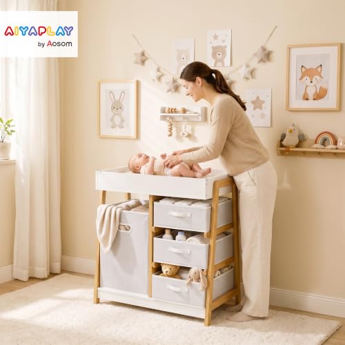 Baby Changing Unit with 3 Drawers and Large Basket for Newborn & Infant
