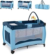 Maxmass 3 in 1 Baby Travel Cot, Convertible Infant Crib with Lockable Wheels, Mattress, Changing ...