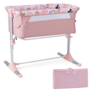 4-Level Height Adjustable Bassinet Crib (Pink) | Portable Newborn Bedside Sleeper with Mattress