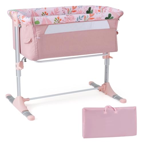 4-Level Height Adjustable Bassinet Crib (Pink) | Portable Newborn Bedside Sleeper with Mattress