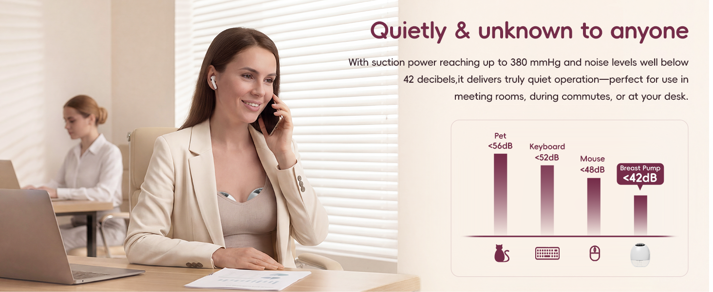 Text reads "Quality & unknown to anyone" with additional descriptive text below. Image shows woman in beige blazer at desk with computer, man in background, and product color swatches displayed on right side.
