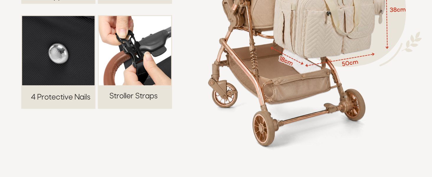 Two product detail views showing textured material samples labeled 'Quilted Smooth' and 'Water-resistant', alongside beige diaper bag with structured handles and multiple compartments.