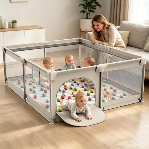 59x71inch Extra Large Play Pen Babies and Toddlers with 50 Ocean Balls and Pull-Up Ring