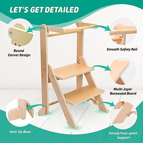 3-Level Adjustable Height Natural Wood Kitchen Helper Stool for Childre