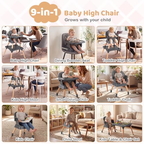 9 in 1 Convertible Baby Highchair with Solid Wood Legs