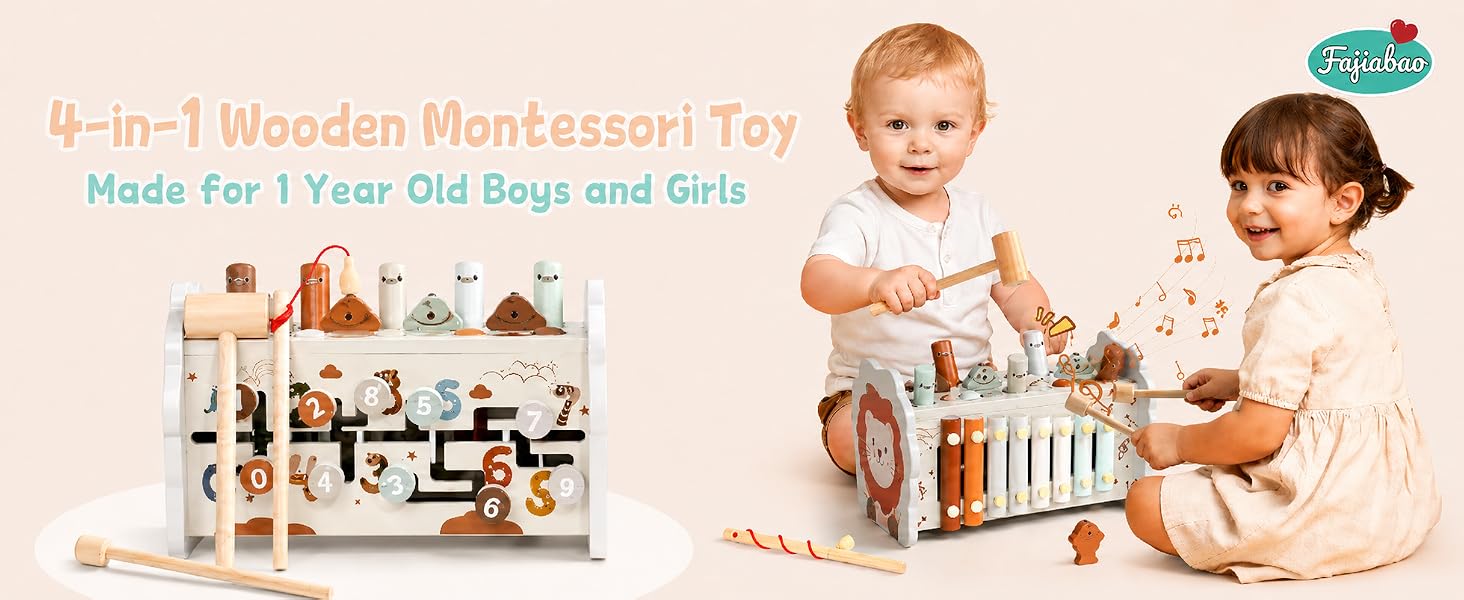 Text reads "5-in-1 Wooden Montessori Toy" and "Made for 1 Year Old Baby and Up". Image displays wooden activity toy set with various shapes, rings, and manipulative elements for infants and toddlers.