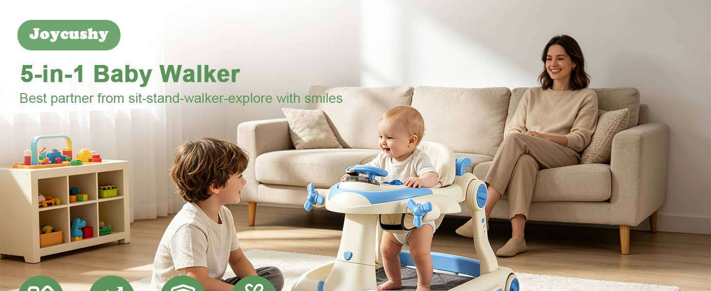 Text reads "Jeyassky", "5-in-1 Baby Walker", "Best partner from sit-stand-and-explore with ease". Woman with toddlers playing with colorful toy walker in living room setting.