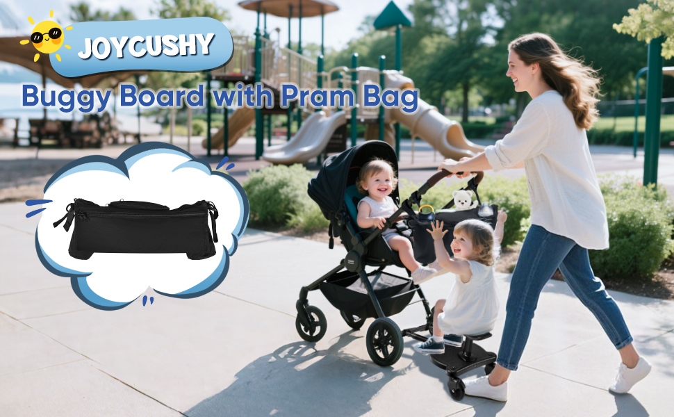 Joycushy Buggy Board with Pram Bag: Black attachment for strollers. Image shows woman pushing stroller with two children, one standing on attached board.