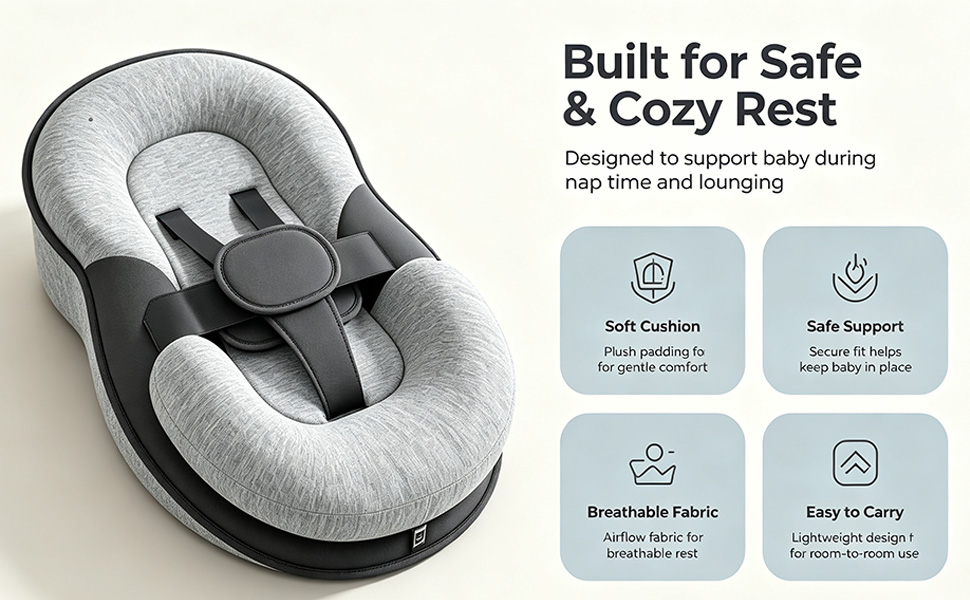 Text reads 'Safe & Cozy Rest' with feature icons: 'Gentle Support,' 'Soft Fabric,' 'Easy to Use.' Woman in light shirt placing infant in gray and white portable baby nest/sleeper on wooden floor with white pillows.