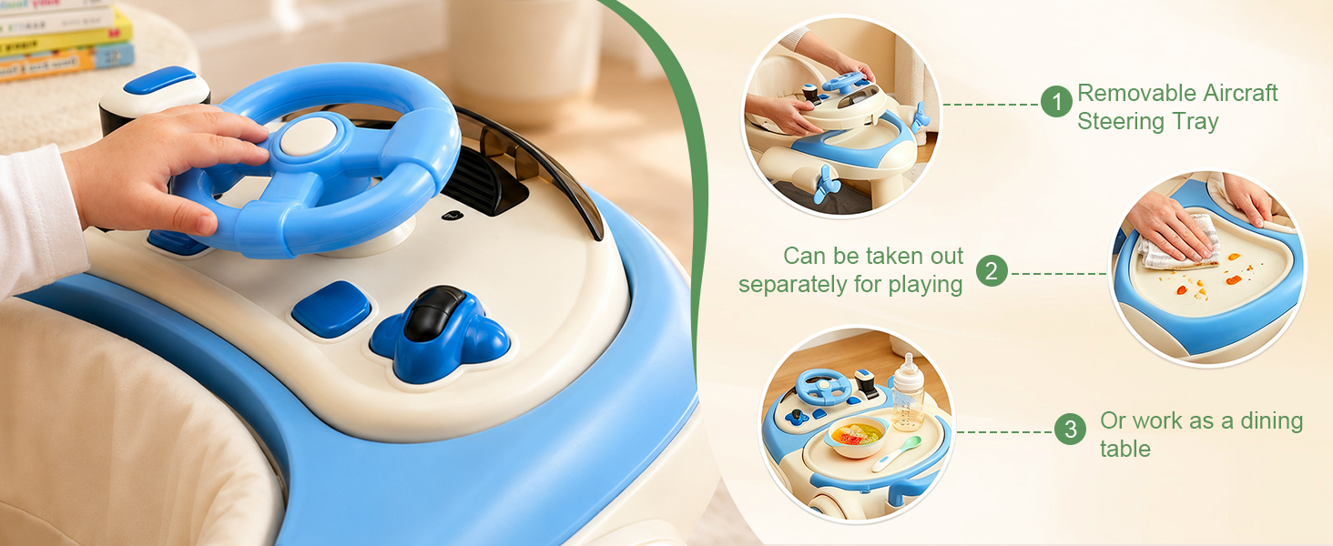 Text reads 'Infant Walker 6-18 Months'. Product packaging shows blue and white infant walker with height adjustment button feature, displayed in three usage scenes with babies.