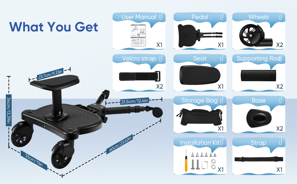 Stroller attachment system with strap fixation methods shown in diagrams. Images display the stroller's wheels and frame, along with demonstration of its use on pavement.