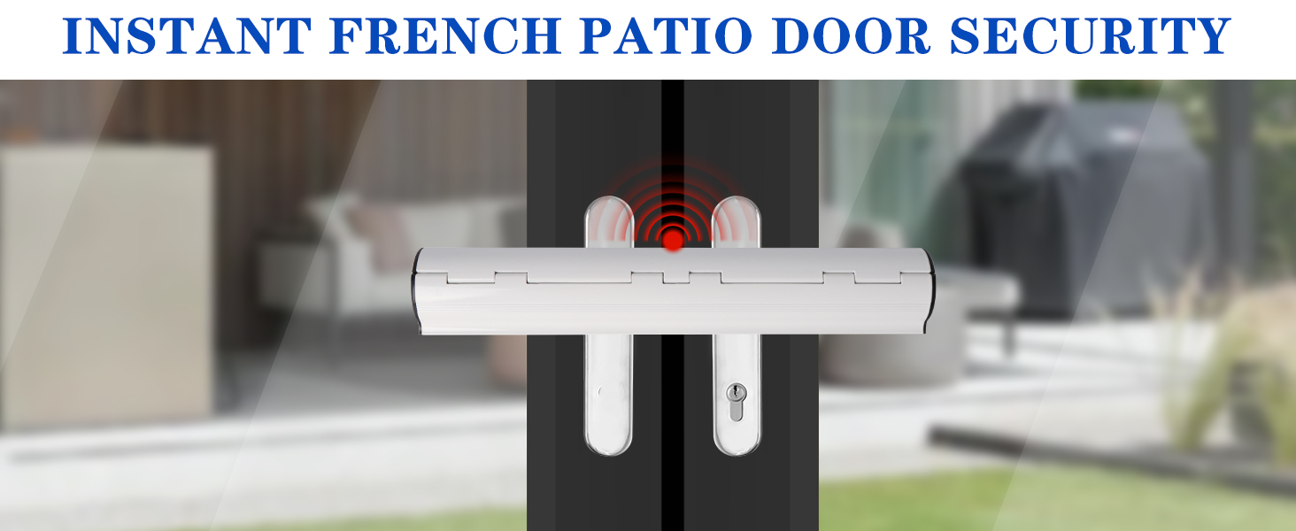 Text reads 'INSTANT FRENCH PATIO DOOR SECURITY'. Glass patio door with security device installed, showing close-up of white security mechanism.