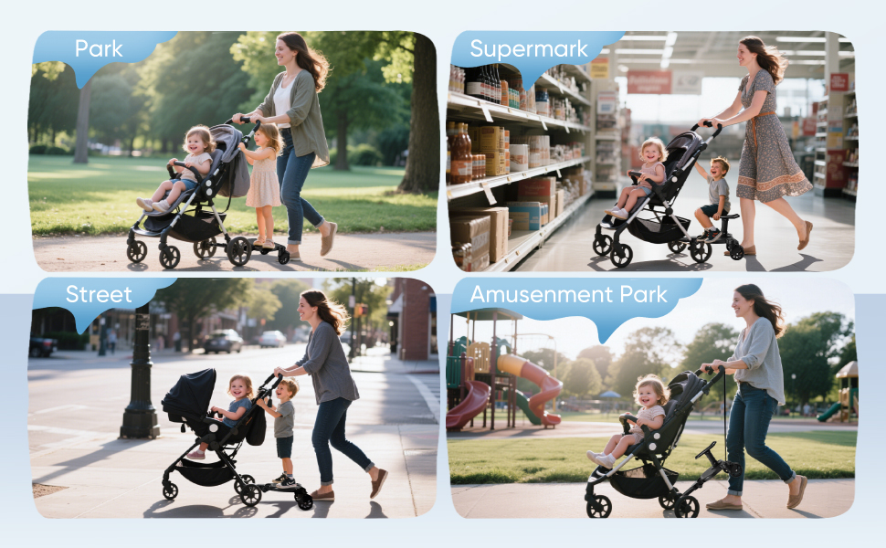 Four-panel image showcasing versatile stroller in different settings: park, supermarket, street, and amusement park. Stroller features compact design, adjustable handle, and storage basket underneath.