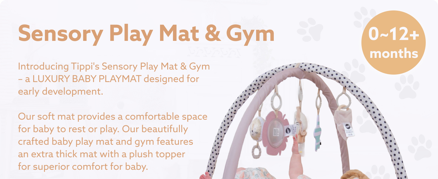 Text reads 'Sensory Play Mat & Gym' and '0-12+ months'. Introducing Toki's Sensory Play Mat & Gym - a LUXURY baby PLAYMAT designed for superior comfort and development. Soft mat provides comfortable space for baby to rest or play with beautifully crafted baby play mat and gym features.