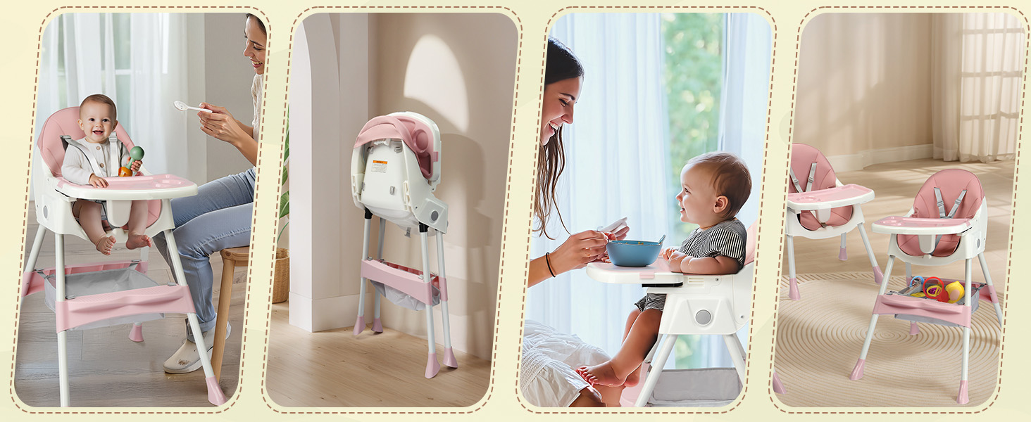 Text reads 'AMPLE STORAGE SPACE'. Three pink and white stackable storage chairs shown with open compartments containing organized items and baby products.