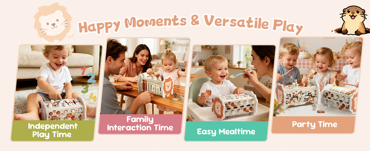Text reads 'Multiple ways to play, endless growth and fun' with four activity categories: 'Snack's Role Guide' (green), 'Musical Xylophone' (pink), 'Fishing Game' (blue), 'Adorable Nurse Play' (peach). Educational toy display showing various play activities.