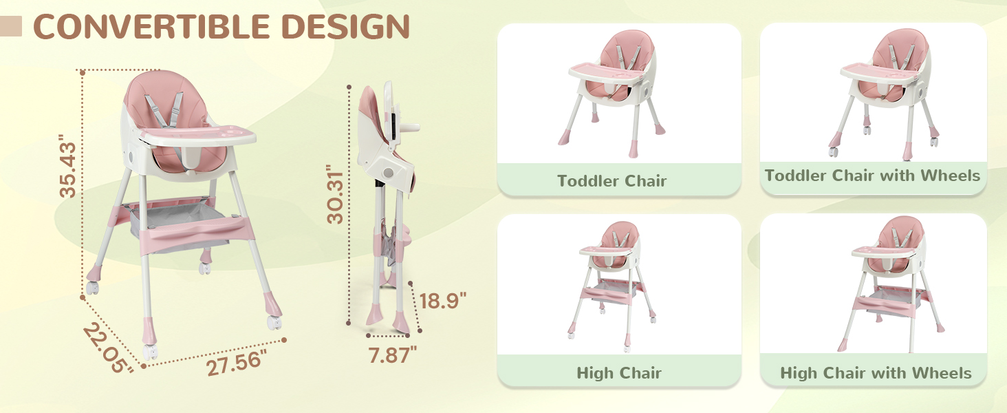 Text reads 'CONVERTIBLE DESIGN' with product specifications showing measurements like '32.5"', '21.58"', '7.7"'. Multiple product configuration views displayed showing folding chair or similar convertible furniture item variations.
