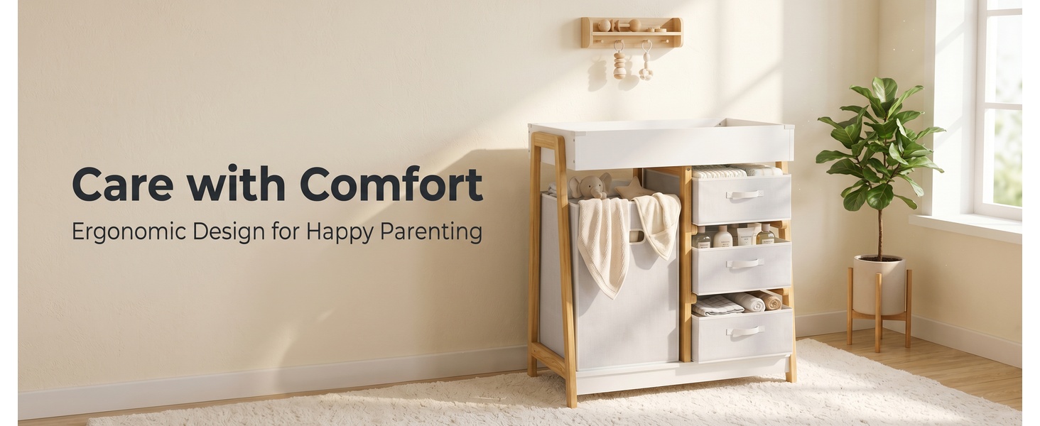 Text reads 'Care with Comfort' and 'Ergonomic Design for Happy Parenting'. Home interior with wooden storage furniture, white laundry basket, potted plant, and minimalist nursery design.