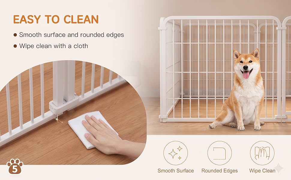 Text reads 'FULLY OPEN THE DOOR', 'Very convenient', 'Easy assembly', 'The trapdoor is 360° arc swing doors'. White pet playpen gate shown fully opened with woman operating mechanism.