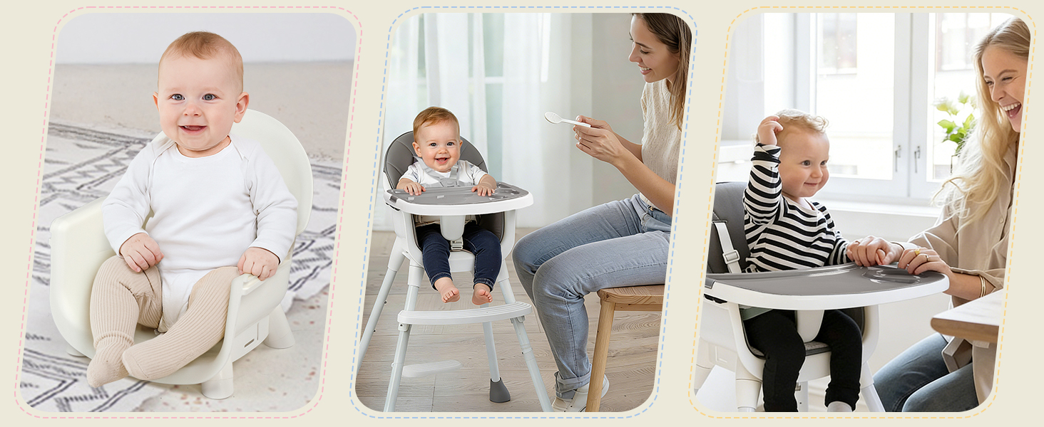 Composite of five photos showing babies and toddlers in various seating positions: infant on cushioned seat, child in high chair, toddler being held, child sitting on floor, and adult holding baby indoors.