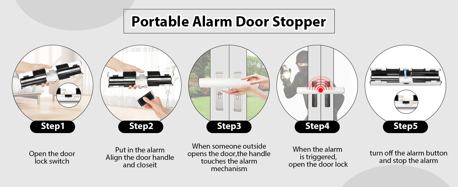 Text reads 'Portable Alarm Door Stopper'. Instructional diagram showing installation steps for door security device.
