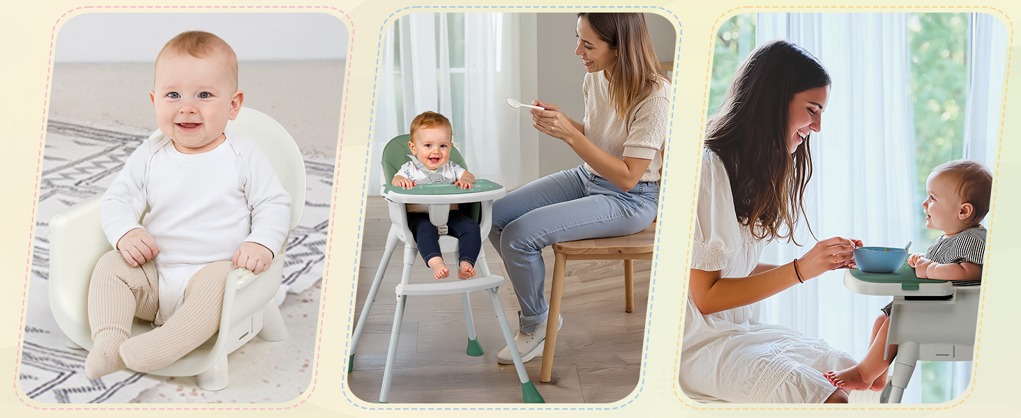 Four-panel collage showing baby in beige carrier on light bedding, infant in gray carrier on chair, toddler and adult interacting with child in carrier at window, and baby in carrier. Product appears to be soft infant carrier or wrap in neutral tones.
