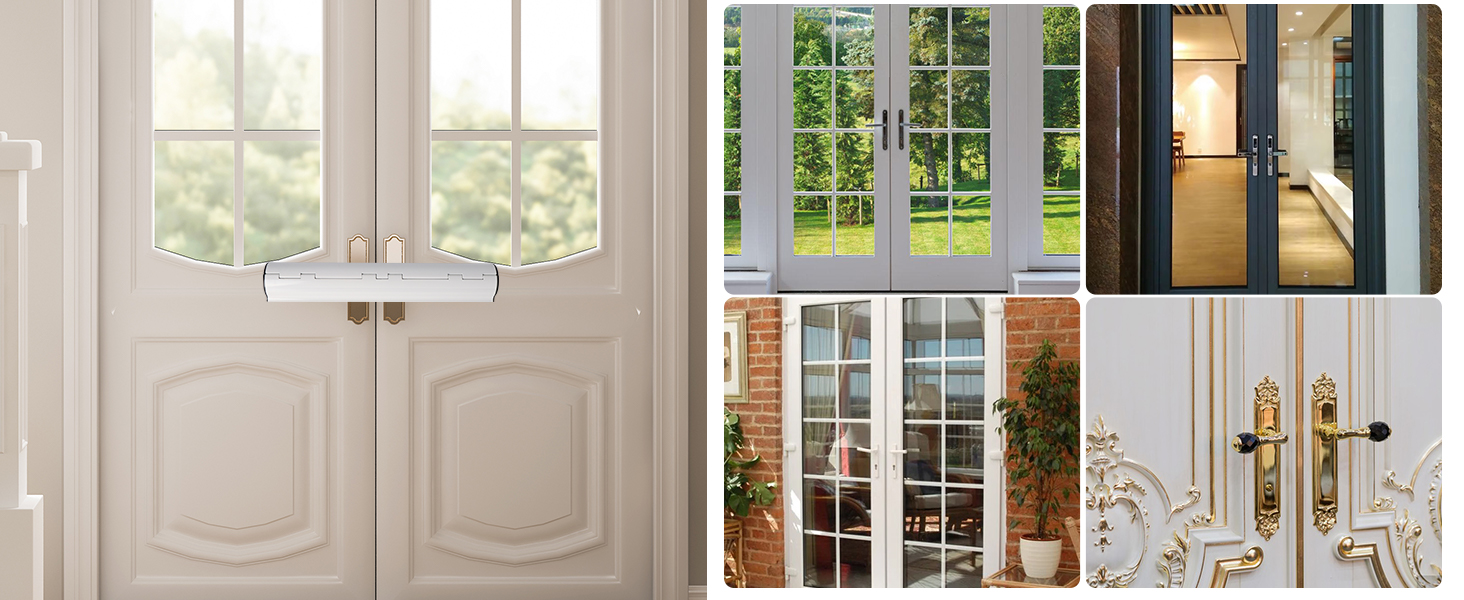 Before and after comparison of door security: left shows chains, right shows modern white plastic door securing mechanism.