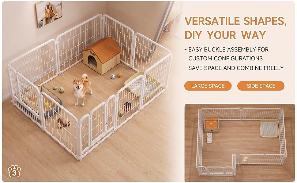 Text reads "SPACIOUS & CUSTOMIZABLE" with dimension details "180 x 60 x 90cm" and "5 panels". White metal pet playpen in spacious room configuration shown from overhead view.