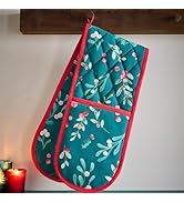 Catherine Lansfield Christmas Holly and Mistletoe Cotton Kitchen Double Oven Glove Green