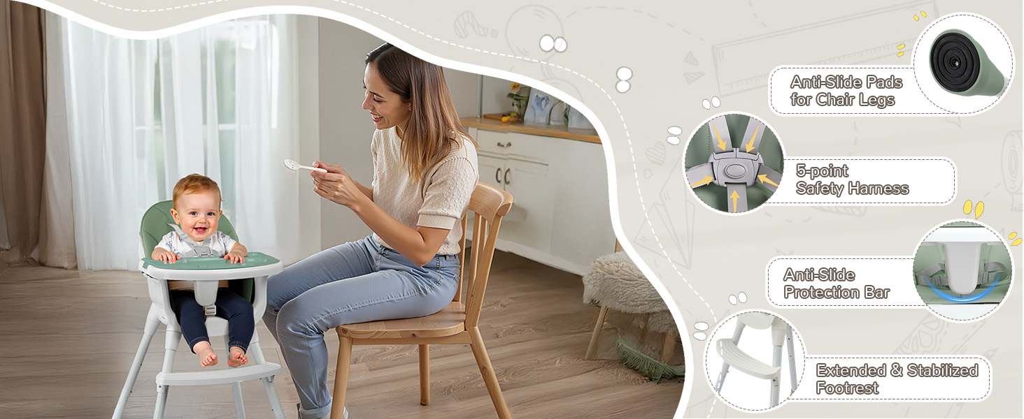 Woman interacting with baby in high chair. Product callouts show storage features and accessibility. Text references product specifications and organizational elements for home use.