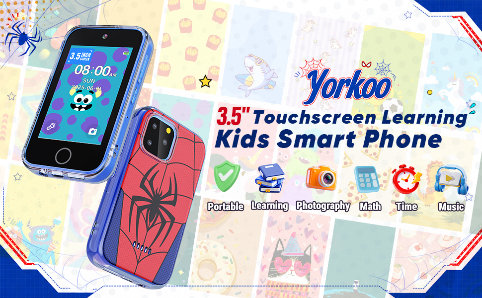 Text reads 'Yorkoo 3.5" Touchscreen Learning Kids Smart Phone' with app icons displayed. Purple spider-themed mobile device shown with educational game interface and blue banner header.