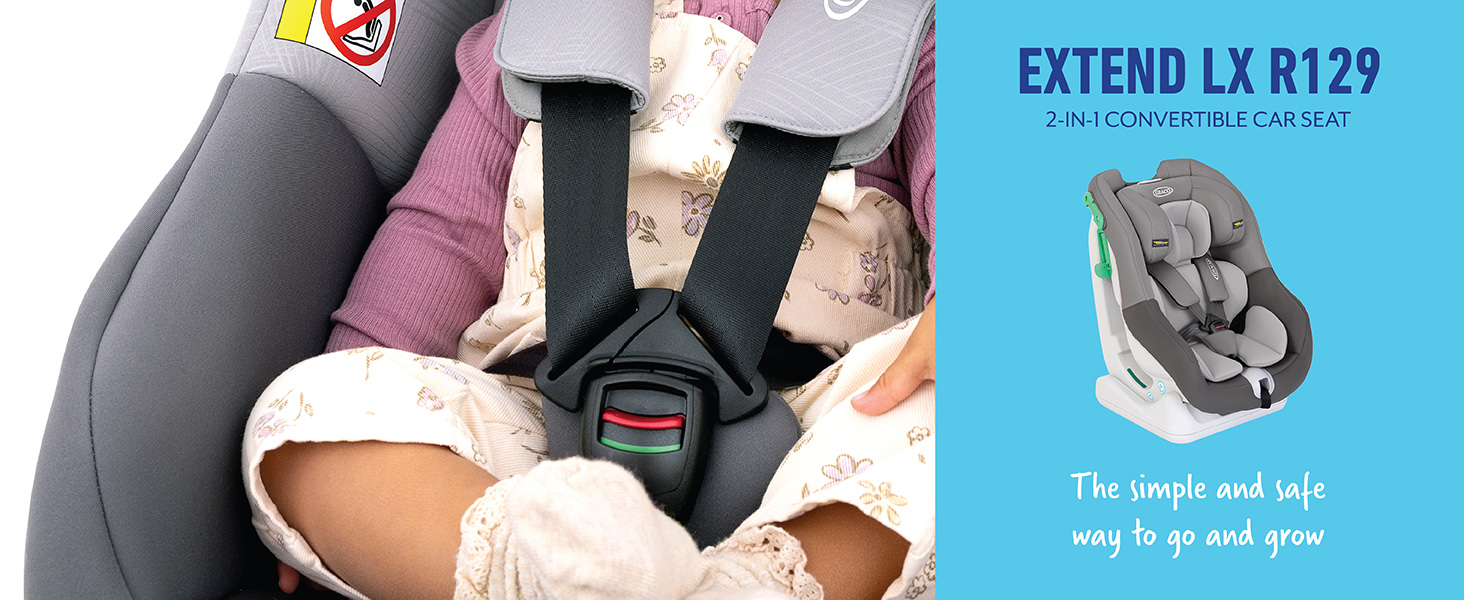 Text reads: 'EXTEND LX R129'. Product demonstration showing installation or adjustment of what appears to be a car seat or similar safety device.
