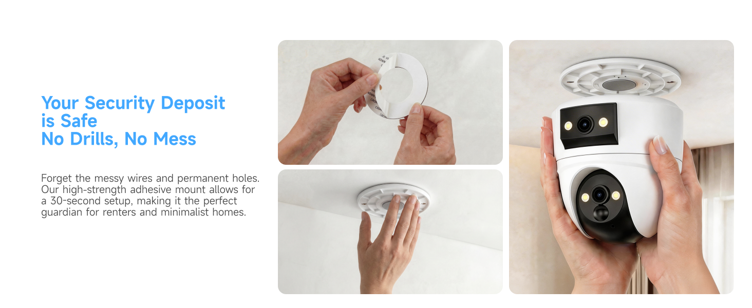Text reads "Your Security Deposit is Safe. No Stress, No Mess" with subtitle about secure protection. Multiple hands holding and examining a small silver and black device with circular design from different angles.